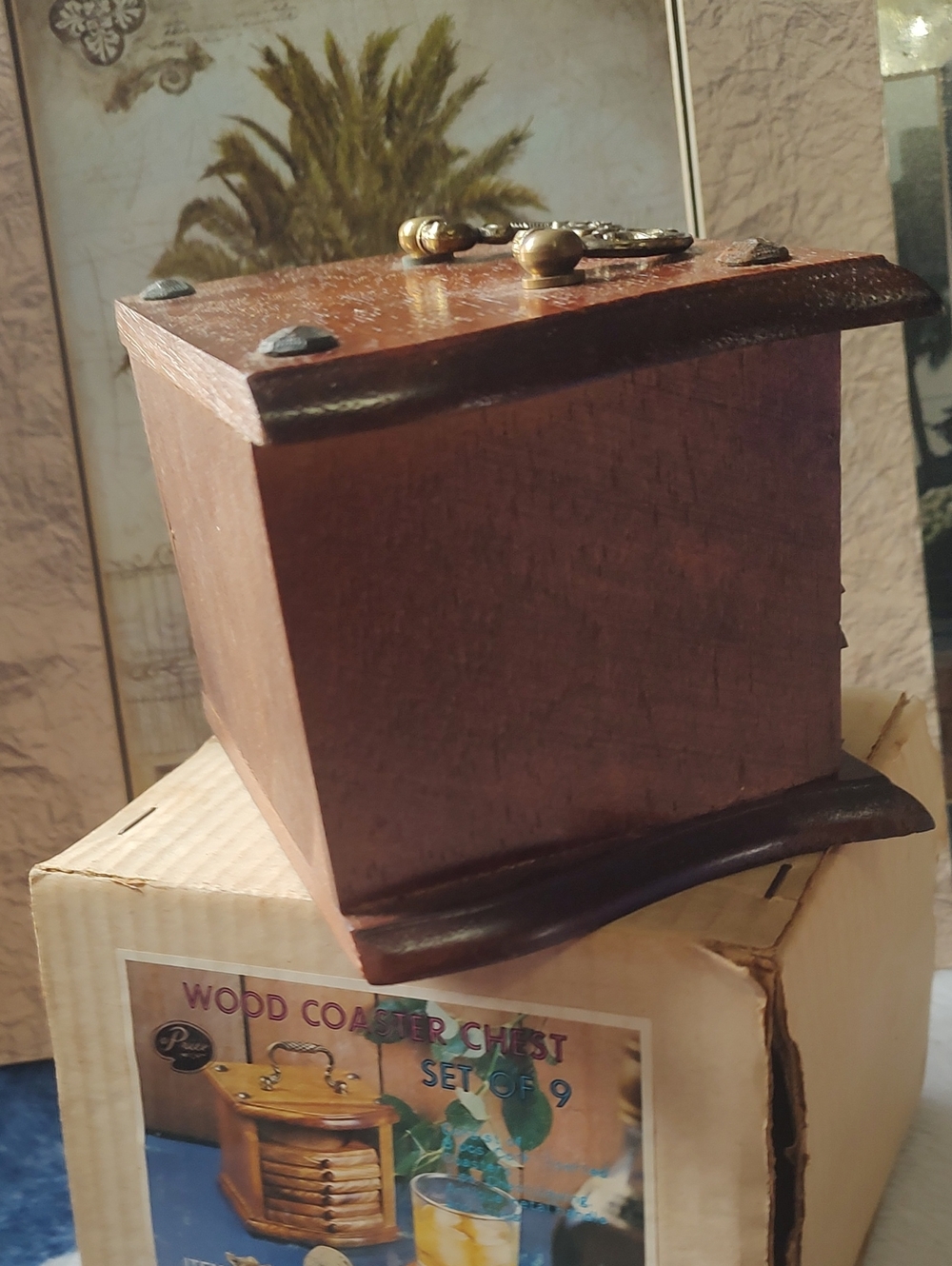 Wood Coaster Chest Set of 9 -vintahe Dark Brown Wooden Box - Picture 7 of 13